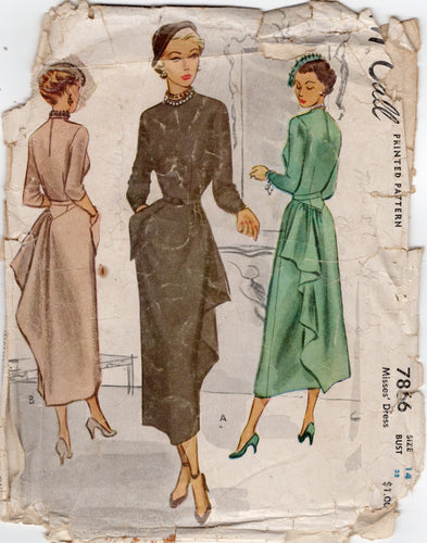 1940's McCall Sheath Dress with Draped Back skirt and Pockets - Bust 32