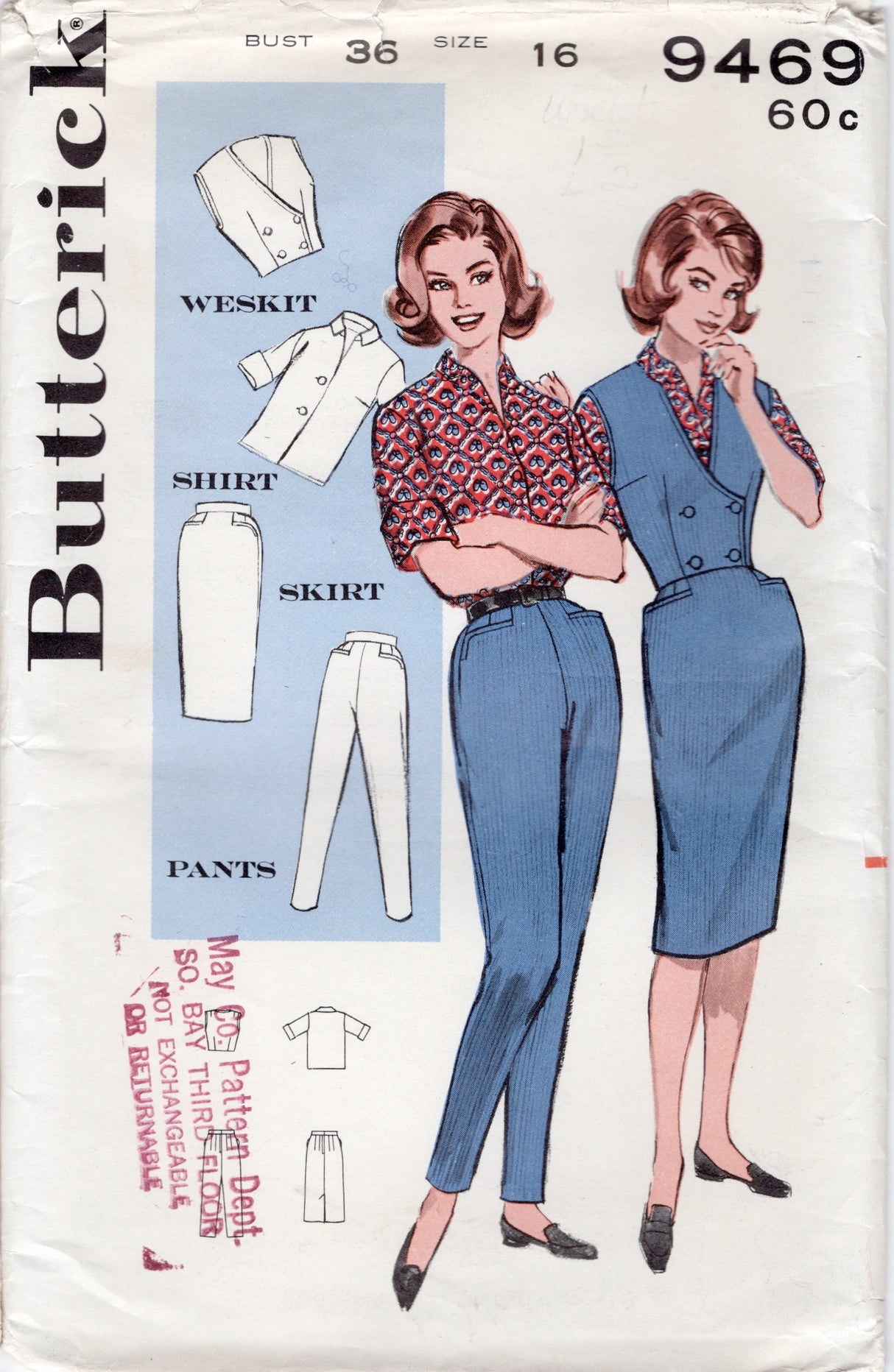 1960's Butterick Weskit Vest, Pencil Skirt and Cigarette Pants Pattern - Bust 36" - No. 9469