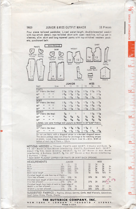 1960's Butterick Weskit Vest, Pencil Skirt and Cigarette Pants Pattern - Bust 36" - No. 9469