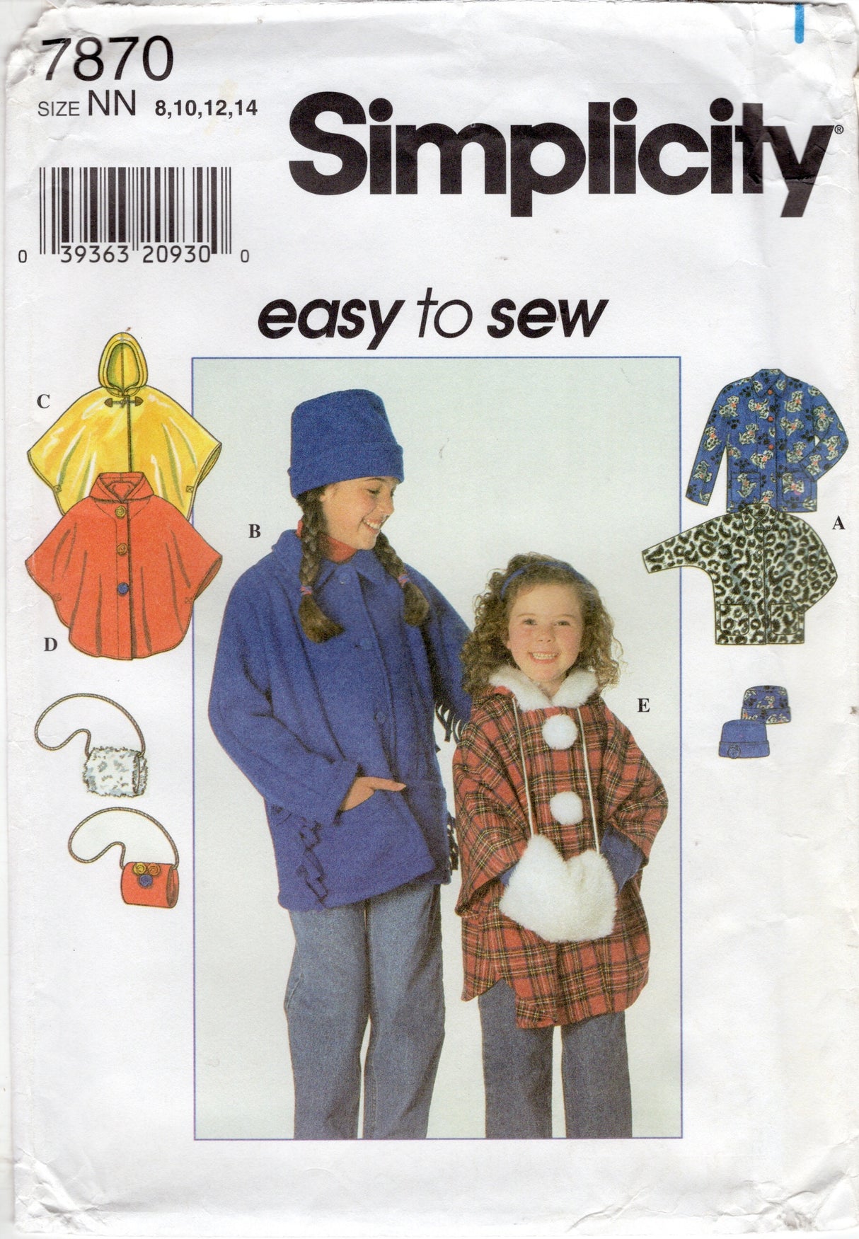 1990's Simplicity Child's Easy To Sew Jacket, Poncho, Hat, and Muff Pattern - Chest 27-32" - No. 7870