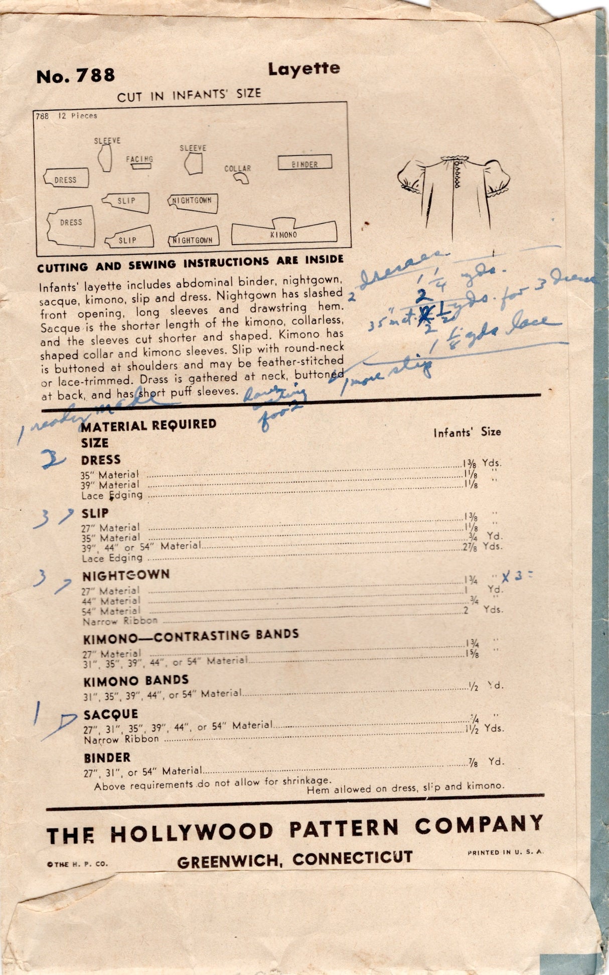 1940's Hollywood Infant Layette pattern - One Size - No. 788