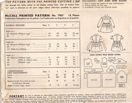 1940's McCall Child's One Piece Dress with Pin Tucks and Bow Tie Back Pattern - Sz 4 - Chest 23" - No. 7907