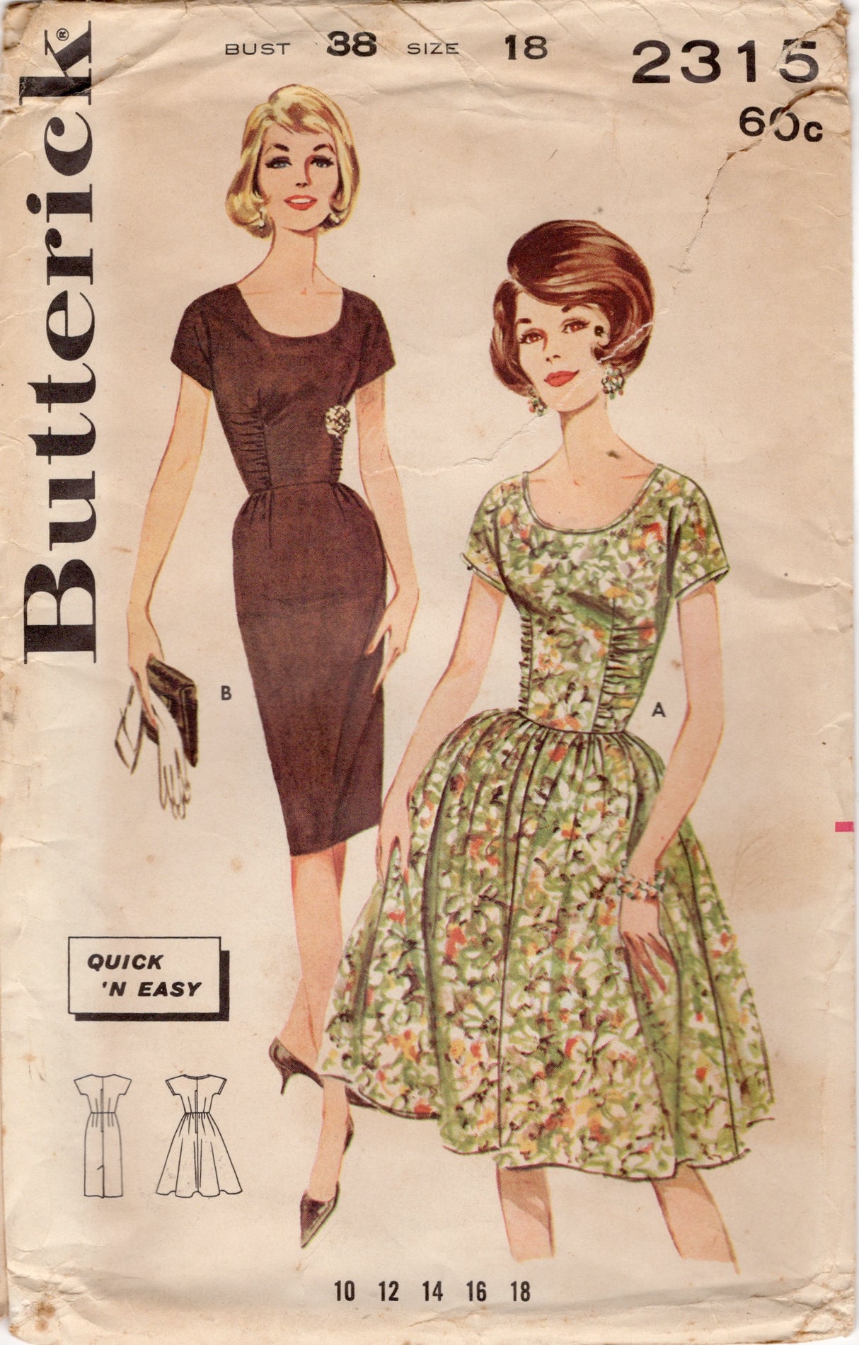 1960's Butterick Fit and Flare or Sheath Dress Pattern with Shirred Waist detail - Bust 38" - No. 2315