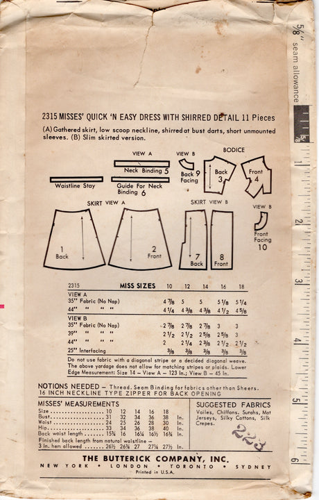 1960's Butterick Fit and Flare or Sheath Dress Pattern with Shirred Waist detail - Bust 38" - No. 2315