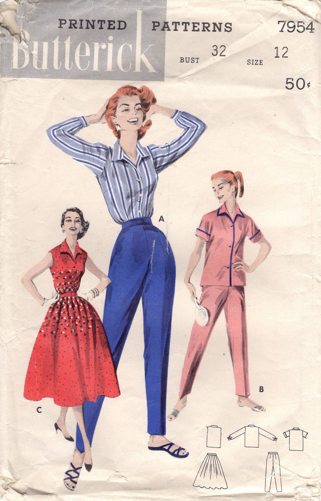 1950's Butterick Blouse, Slim leg pants and Gathered Skirt or Pajama pattern - Bust 32
