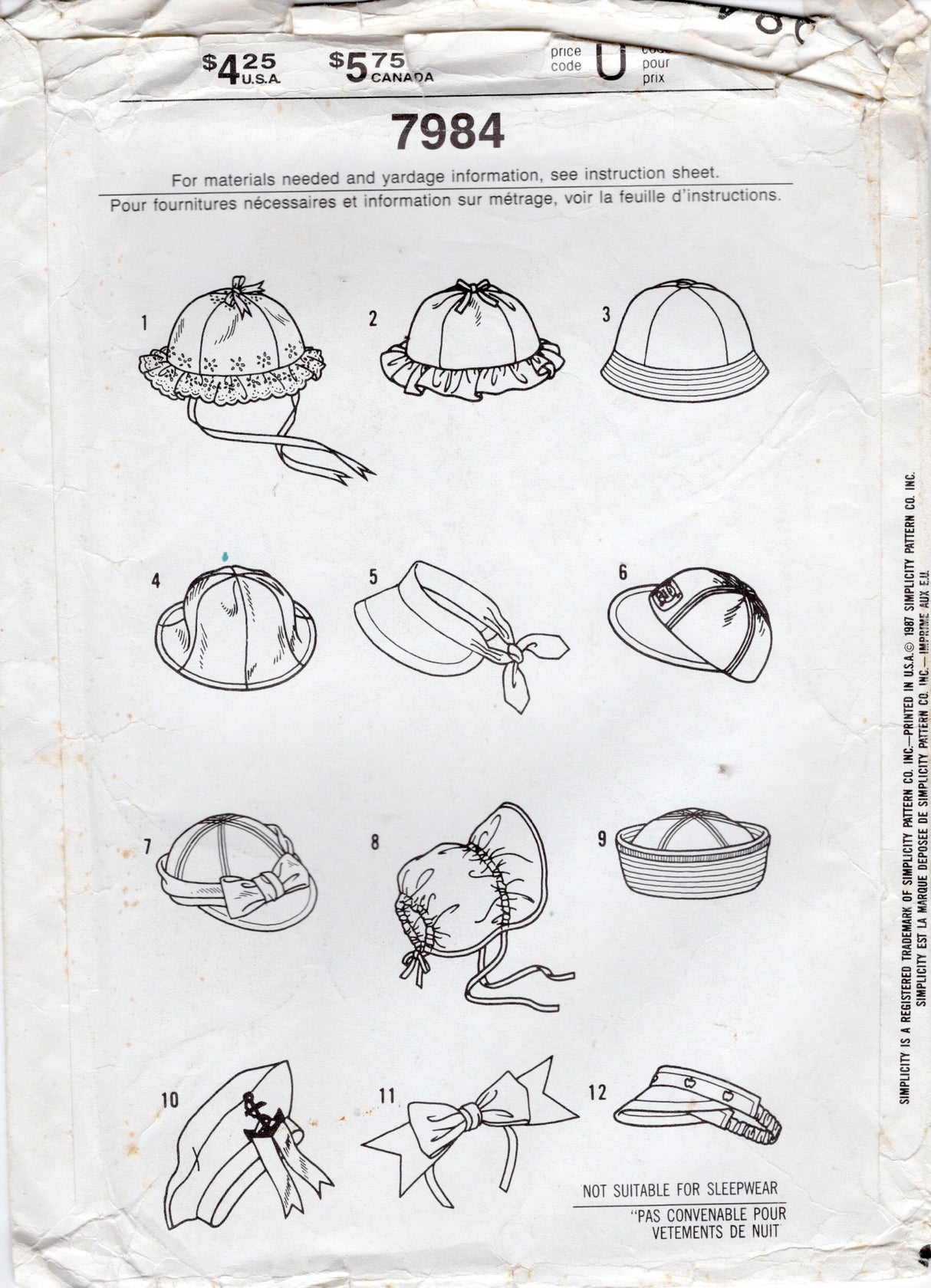 1980's Simplicity Child's Hat Pattern - No. 7984