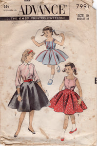 1950's Advance Child's Two Piece Blouse or Shirt With Circle Skirt - Chest 28" - No. 7991
