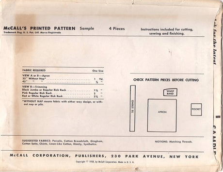 1950's McCall's Half Apron Pattern - OS - Sample