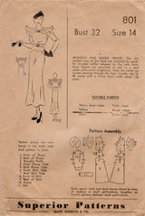1930's Superior One Piece Dress Pattern with Pleated Yoke and Yoked Skirt - Bust 32" - No. 801