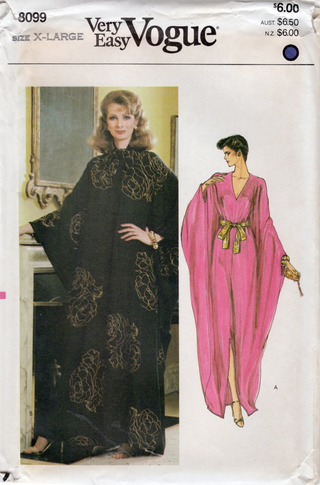 1980's Vogue Caftan Pattern with High or V neckline - Bust 42-44" - No. 8099