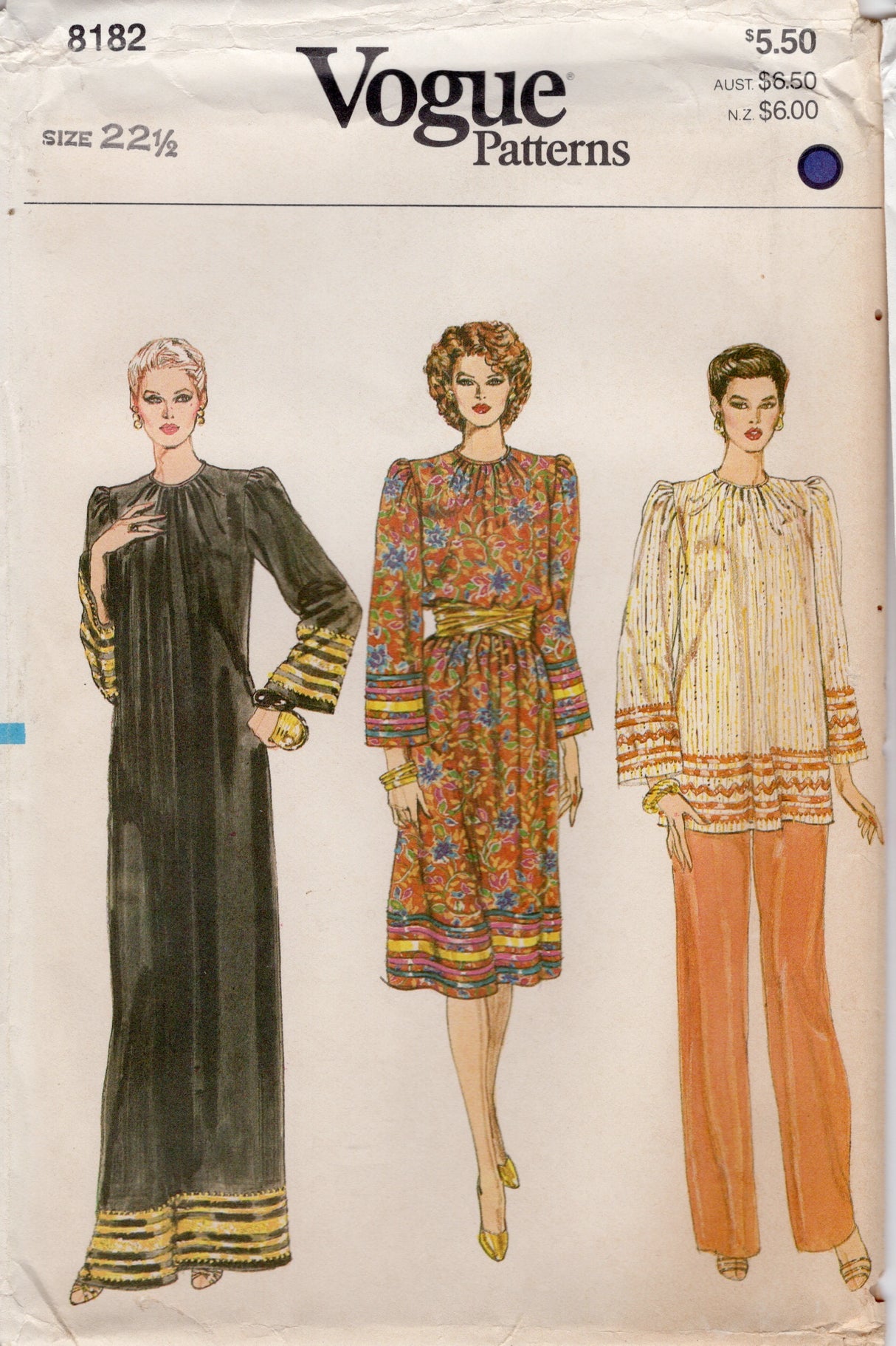 1980's Vogue Midi or Maxi Dress or Top and Pants Pattern - Bust 45" - No. 8182