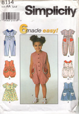 1990's Simplicity Child's Romper, Jumpsuit or dress with heart, cat or watermelon pockets - Size 6mo, 1, 2  - No. 8114