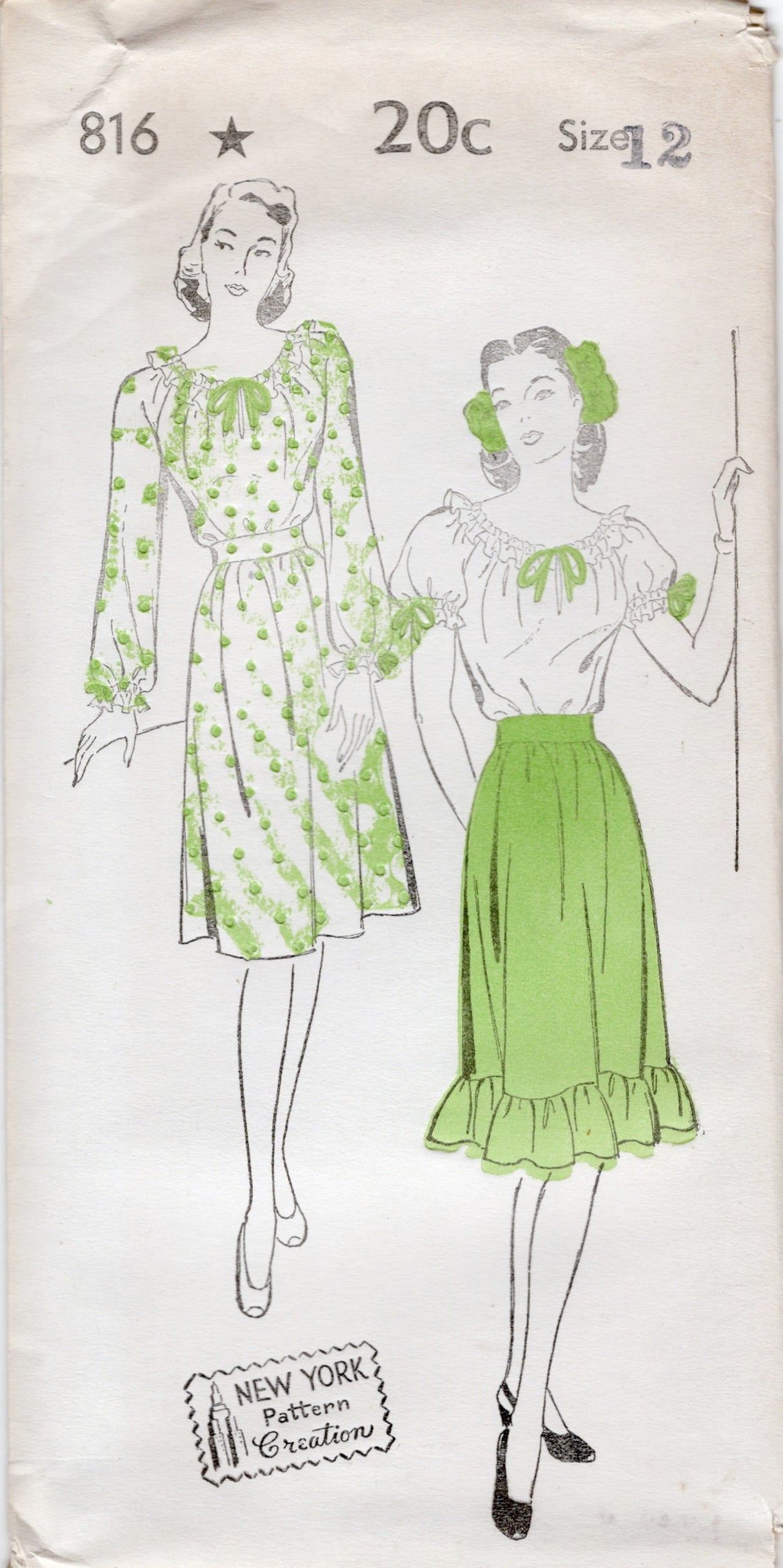 1940's New York Two Piece Blouse and Skirt Pattern - Bust 30-34" - No. 816