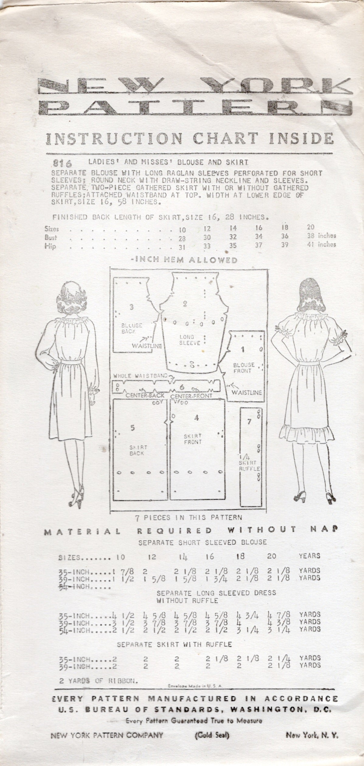 1940's New York Two Piece Blouse and Skirt Pattern - Bust 30-34" - No. 816