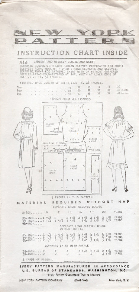 1940's New York Two Piece Blouse and Skirt Pattern - Bust 30-34" - No. 816