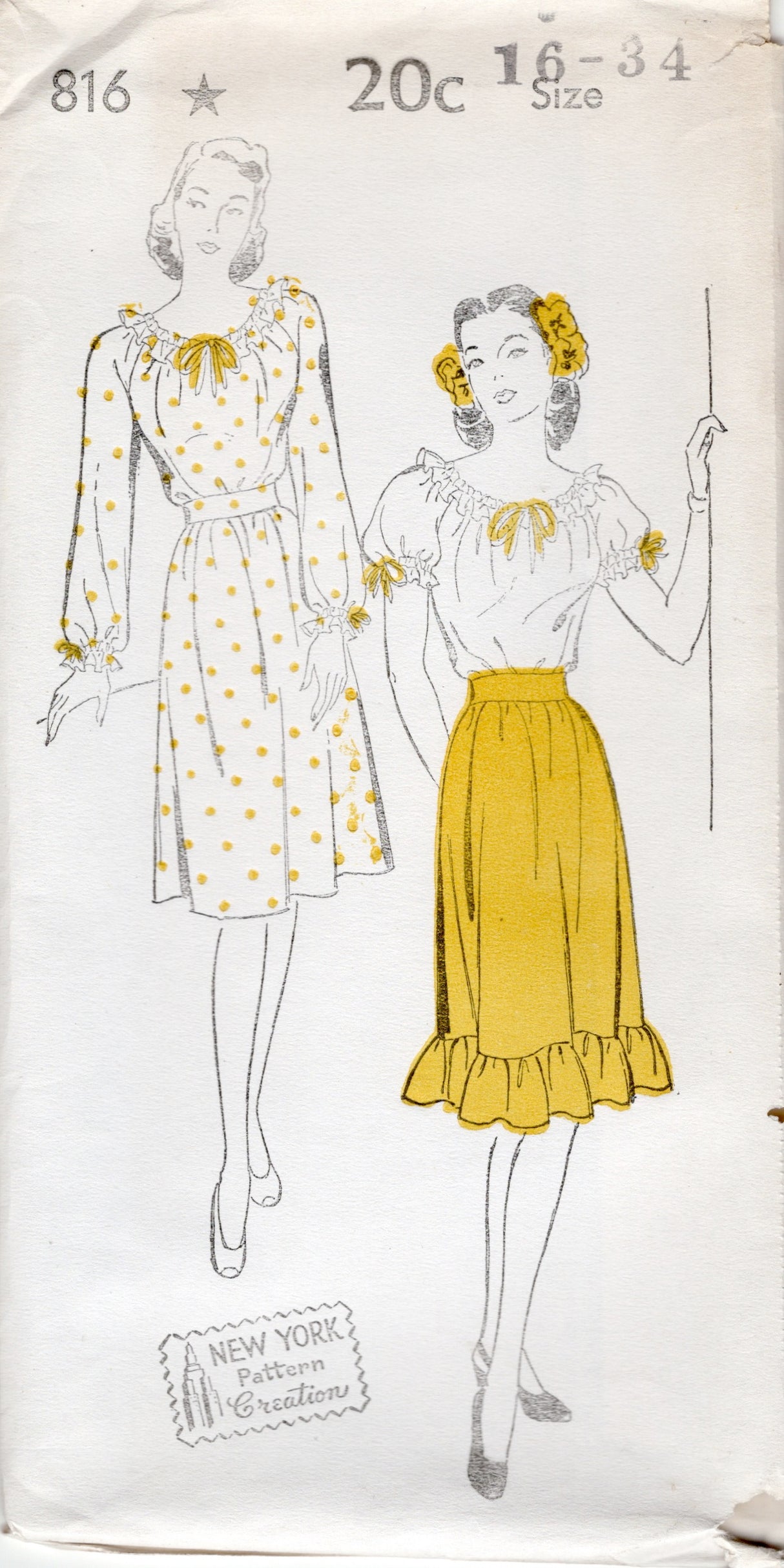 1940's New York Two Piece Blouse and Skirt Pattern - Bust 30-34" - No. 816