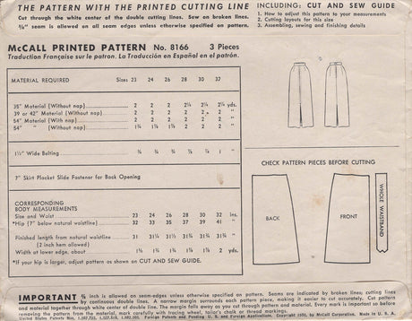 1950's McCall's Skirt Pattern - Waist 24" - No. 8166