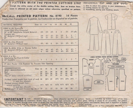 1950's McCall Two-Piece Pajama Pattern– Bust 32" - No. 8190