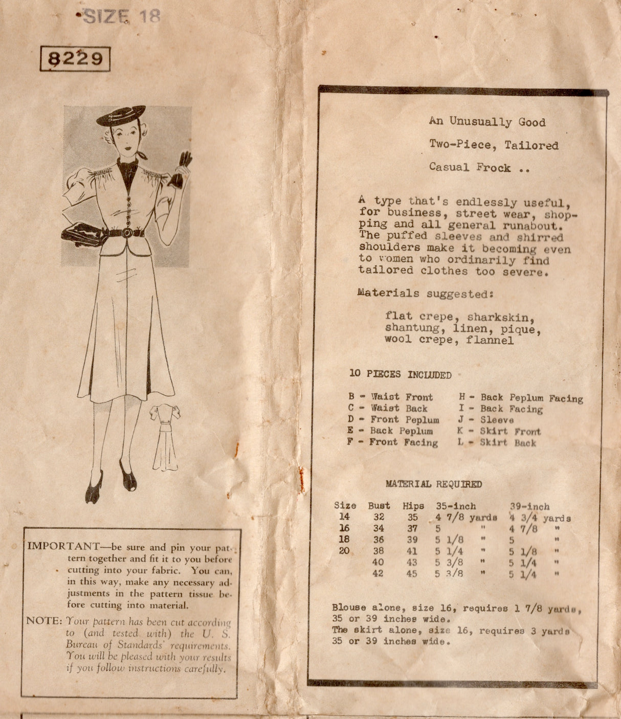 1930's Mail Order Two PIece Peplum Dress Pattern - Bust 36" - No. 8229