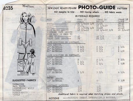 1970's Mail Order Yoked Cape Pattern - Bust 34-36" - No. 8235
