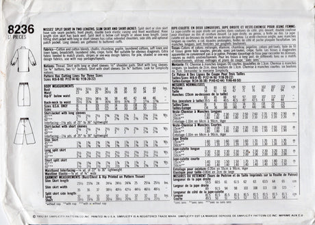 1990's Simplicity Spilt Skirt, Pencil Skirt and Shacket Pattern - Bust 40-44" - No. 8236