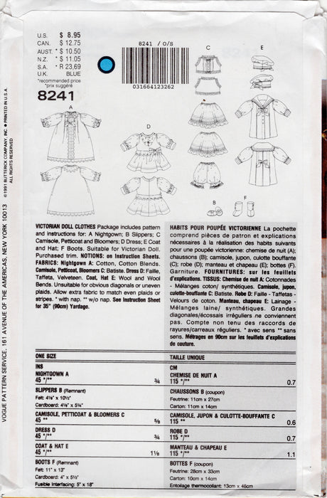 1990's Vogue Craft Victorian Doll Wardrobe pattern - No. 8241
