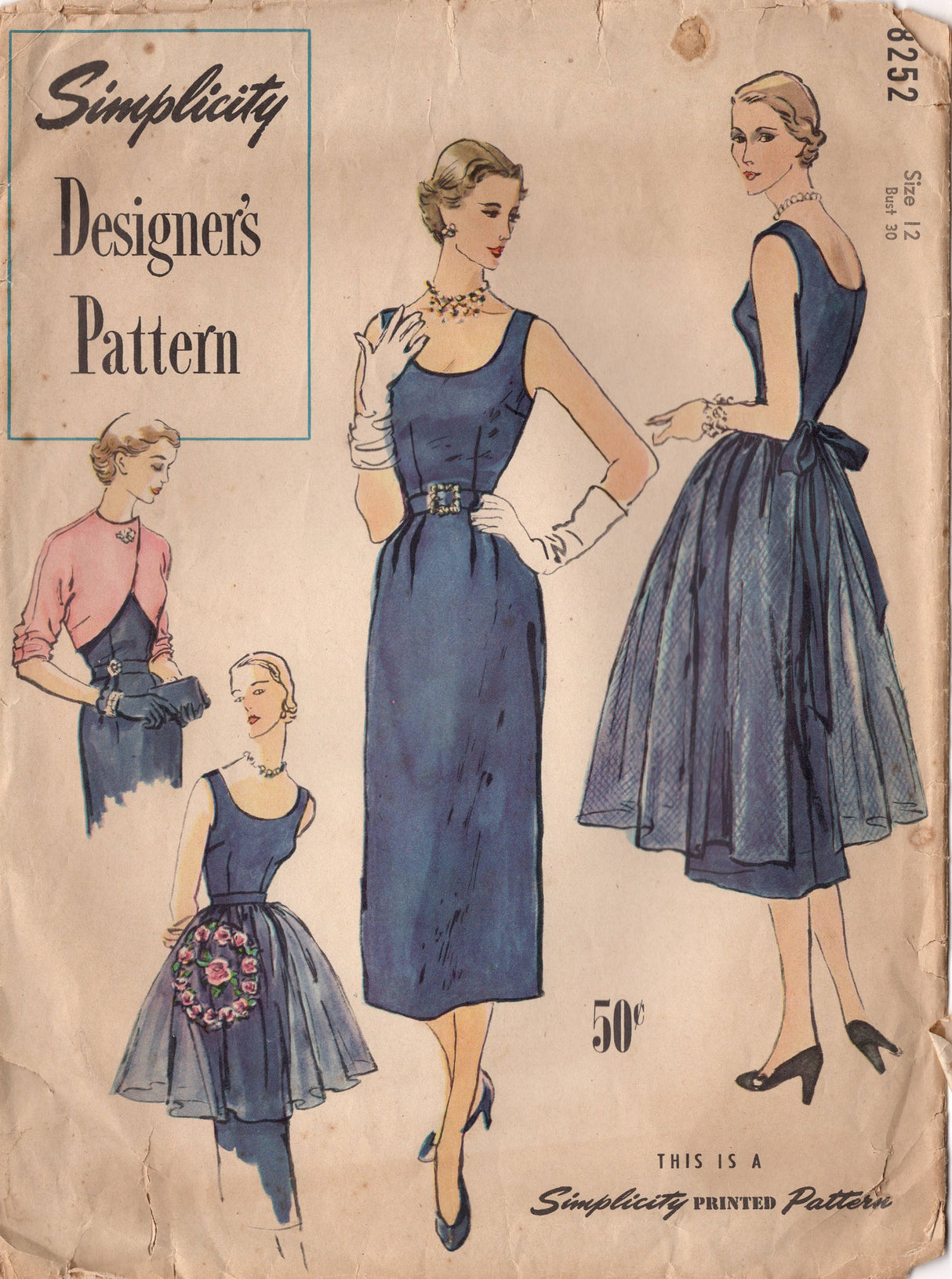 1950’s Simplicity Designer One Piece Dress Pattern with Bolero Jacket and Apron in Two Lengths- Bust 30” - No. 8252