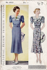 1930's Pictorial One Piece Dress with Plain or Shirred Bodice, Large Collar and Puff Sleeves - Bust 36" - No. 8253