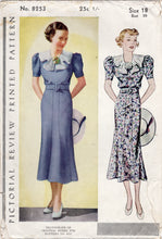 1930's Pictorial One Piece Dress with Plain or Shirred Bodice, Large Collar and Puff Sleeves - Bust 36" - No. 8253