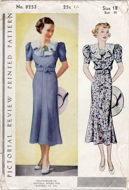 1930's Pictorial One Piece Dress with Plain or Shirred Bodice, Large Collar and Puff Sleeves - Bust 36