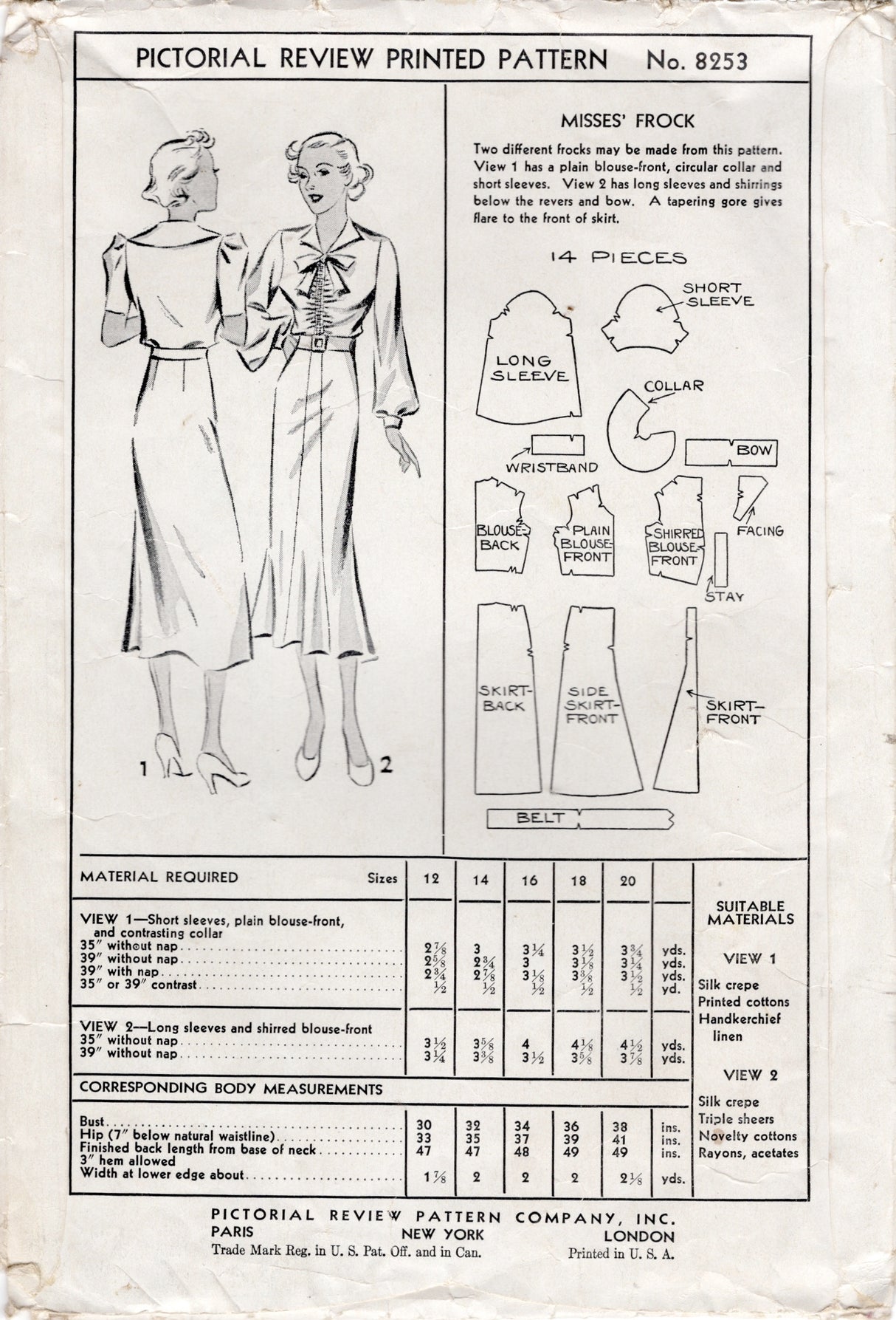 1930's Pictorial One Piece Dress with Plain or Shirred Bodice, Large Collar and Puff Sleeves - Bust 36" - No. 8253