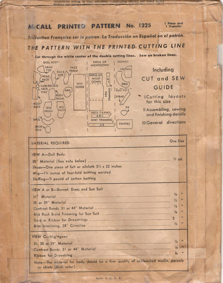 1940's McCall "Nina" Doll and Sunsuit Pattern - 16.5" doll - No. 1225