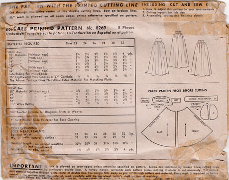 1950's McCall Flared Skirt Pattern with Straight or Raised Waistband - Waist 28" - no. 8269