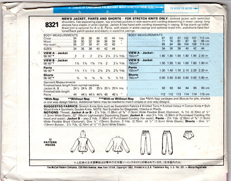 1980's McCall's Men's Workout Outfit including Jacket, Pants and Shorts Pattern - Chest 36" - No. 8321