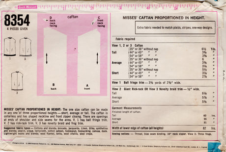 1960's Simplicity Caftan Dress Pattern - One Size - No. 8354