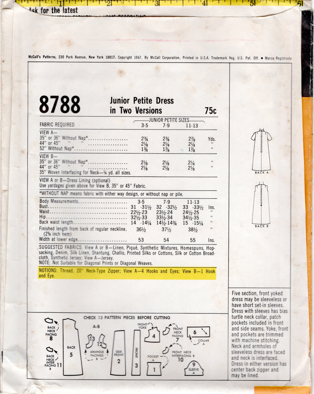 1960's McCall's Yoked Shift Dress Pattern - Bust 31-31.5" - No. 8788