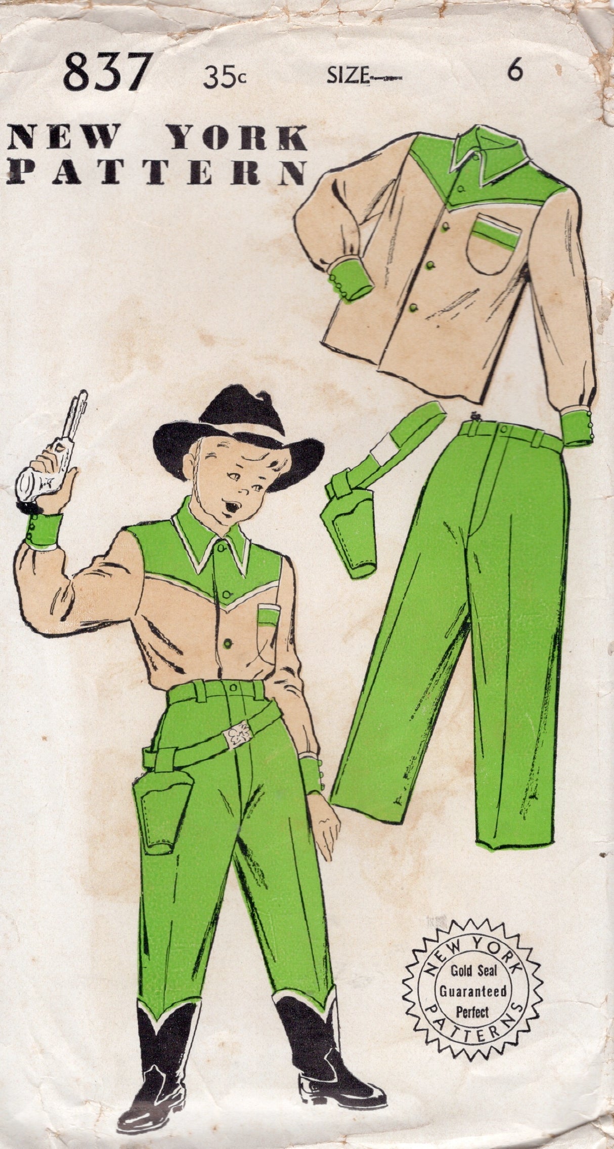 1950's New York Boy's Western shirt, Pants and Holster Pattern - Chest 24" - UC/FF - No. 837