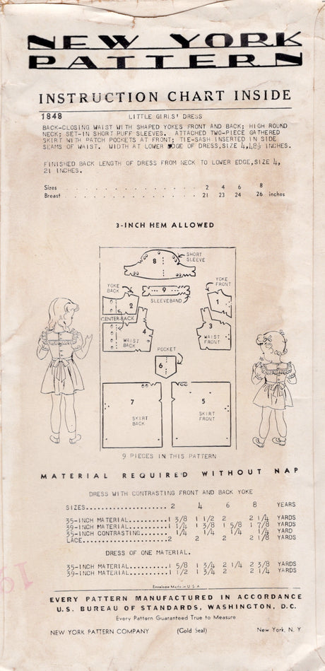 1940's New York Child's One Piece Dress with Large Yoke and Tie Back - Chest 23" - No. 1848