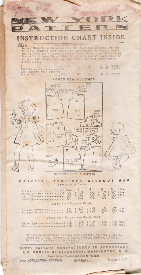 1940's New York Child's Dress Pattern with Puff Sleeves - Chest 21" - No. 1532