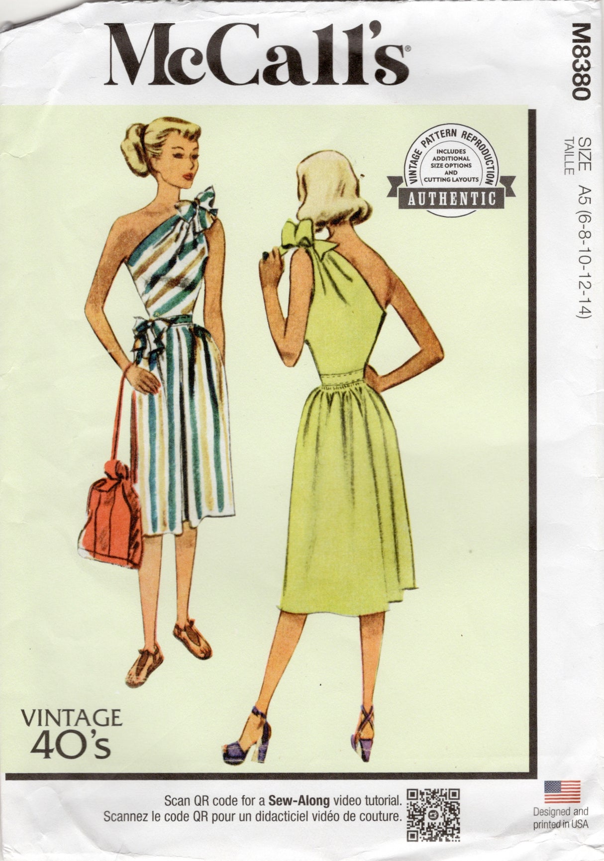 Modern McCall's "Authentic" One Shoulder Dress with Bows Pattern - Bust 30.5-36" - No. M8380