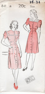 1940's New York Front Closing Dress with Square Yokes ad Fitted Waist - Bust 32-36" - No. 841