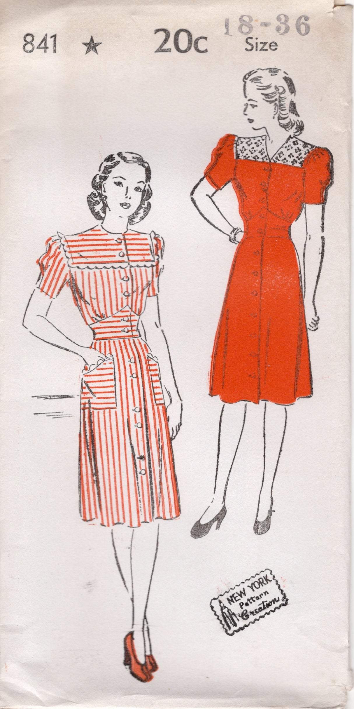 1940's New York Front Closing Dress with Square Yokes ad Fitted Waist - Bust 32-36" - No. 841