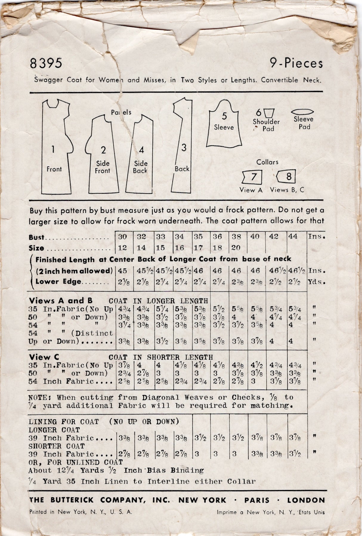 1940's Butterick Swagger Coat Pattern - Bust 32" - No. 8395