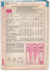 1960's Simplicity One Piece Dress Pattern with Accent Panel Front and Detachable Collar and Cuffs - Bust 36" - No. 8406