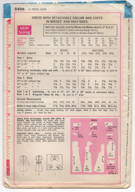 1960's Simplicity One Piece Dress Pattern with Accent Panel Front and Detachable Collar and Cuffs - Bust 36" - No. 8406