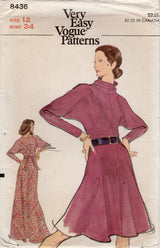 1970's Vogue One Piece Dress Pattern with High neckline, Dolman self sleeve in two lengths - Bust 34" - No. 8436