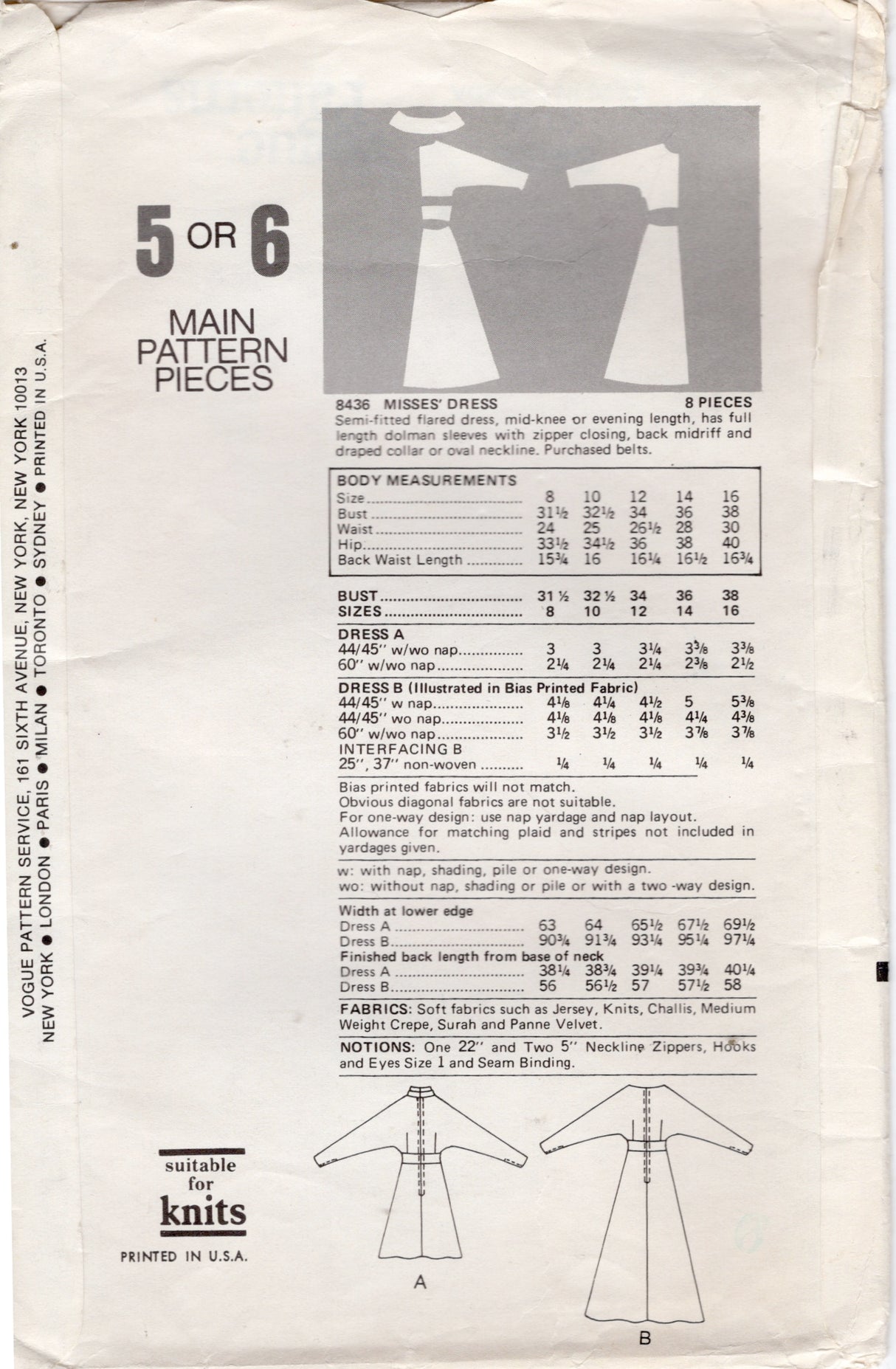 1970's Vogue One Piece Dress Pattern with High neckline, Dolman self sleeve in two lengths - Bust 34" - No. 8436