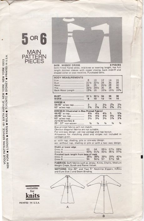 1970's Vogue One Piece Dress Pattern with High neckline, Dolman self sleeve in two lengths - Bust 34" - No. 8436