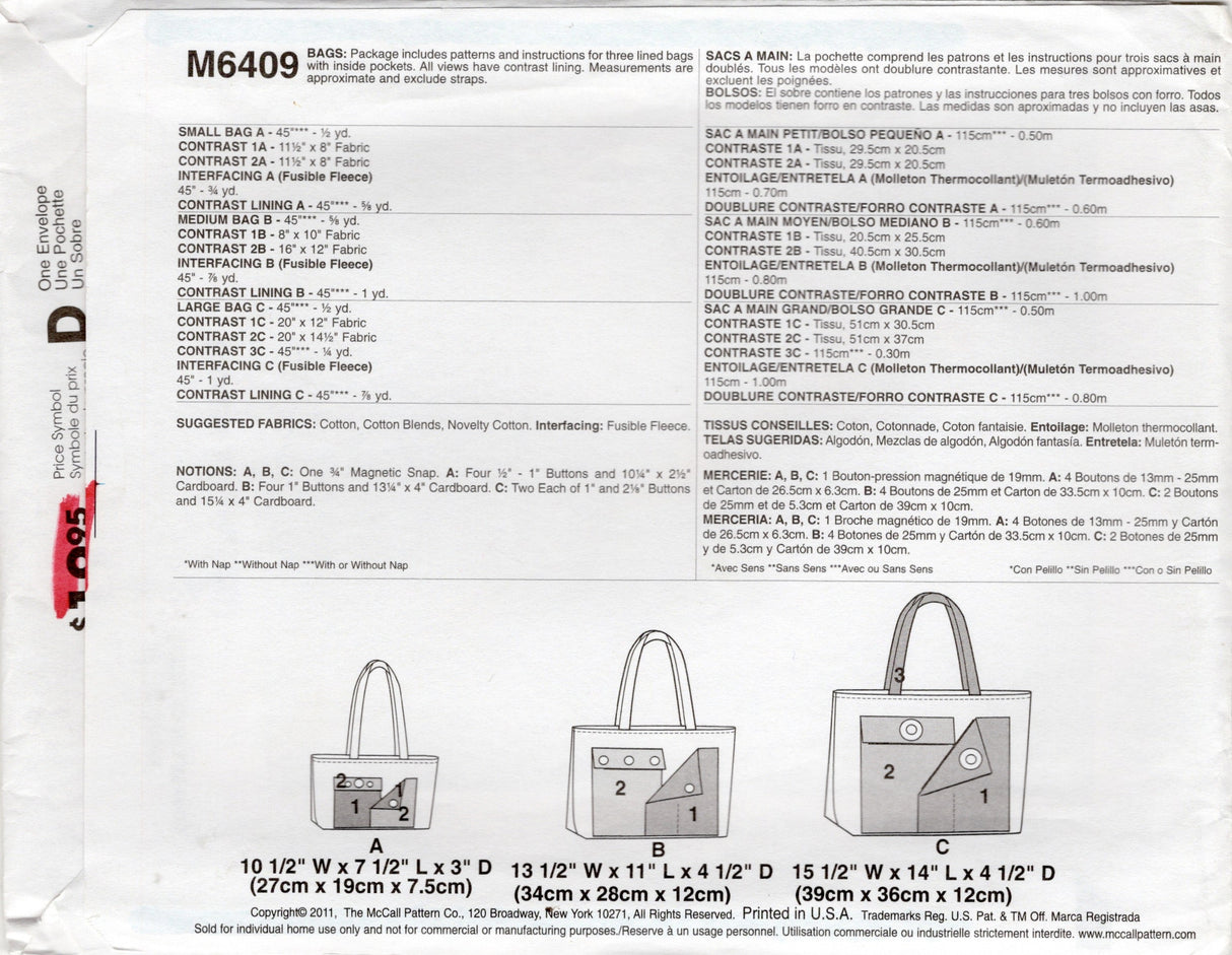2010's McCall's Tote Bag in Three Sizes Pattern - No. M6409