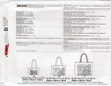 2010's McCall's Tote Bag in Three Sizes Pattern - No. M6409